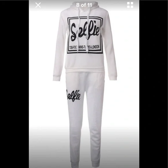 White Fleece SELFIE Sweatpants & Top Set Sweatshirt & Pants Set Bundle Lot - Picture 2 of 7